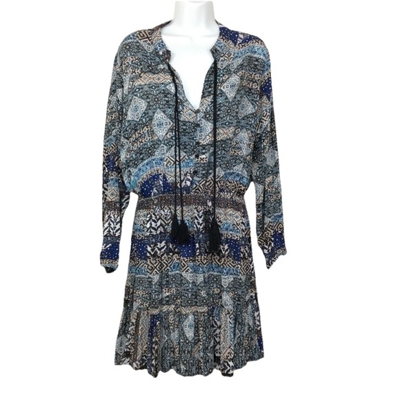 Jaase Blue Floral Babydoll Long Sleeve Boho Tassels Flare Dress Size LARGE - Picture 1 of 12